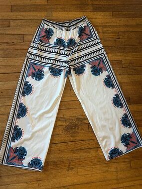 SHEIN White Wide Straight-Leg Pants with Blue & Orange Floral Print